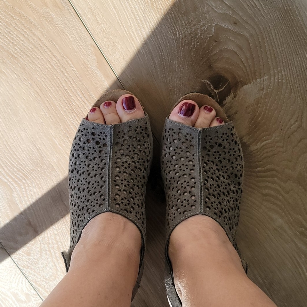 Grey peek a boo toe wedges